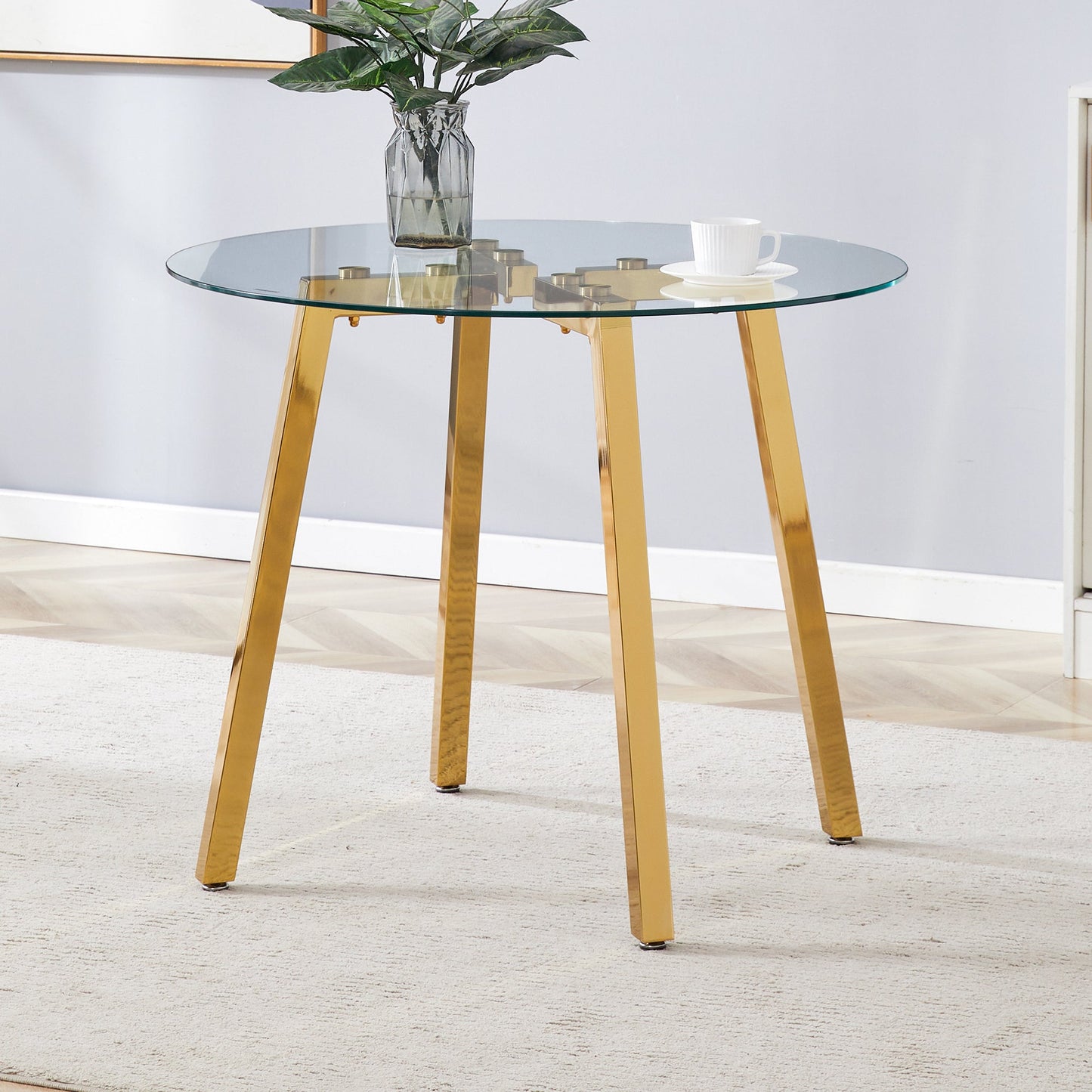 Modern Luxurious Round Tempered Glass Dining Table With Gold 7-Shaped Metal Legs,suitable for Family Meals, Office Confe