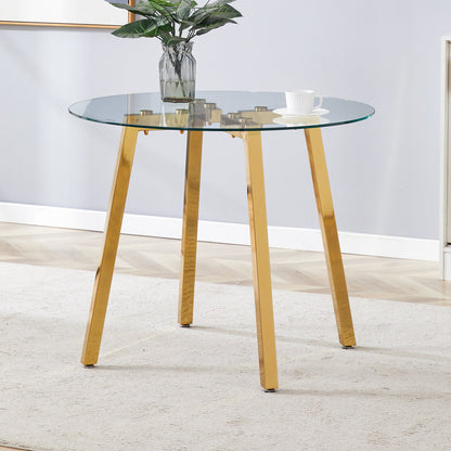 Modern Luxurious Round Tempered Glass Dining Table With Gold 7-Shaped Metal Legs,suitable for Family Meals, Office Confe