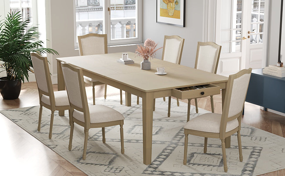 Rustic 7-Piece 78.1inch Extendable Dining Table Set With 18inch Removable Leaf, 6 Upholstered Dining Chairs, 2 Built-In