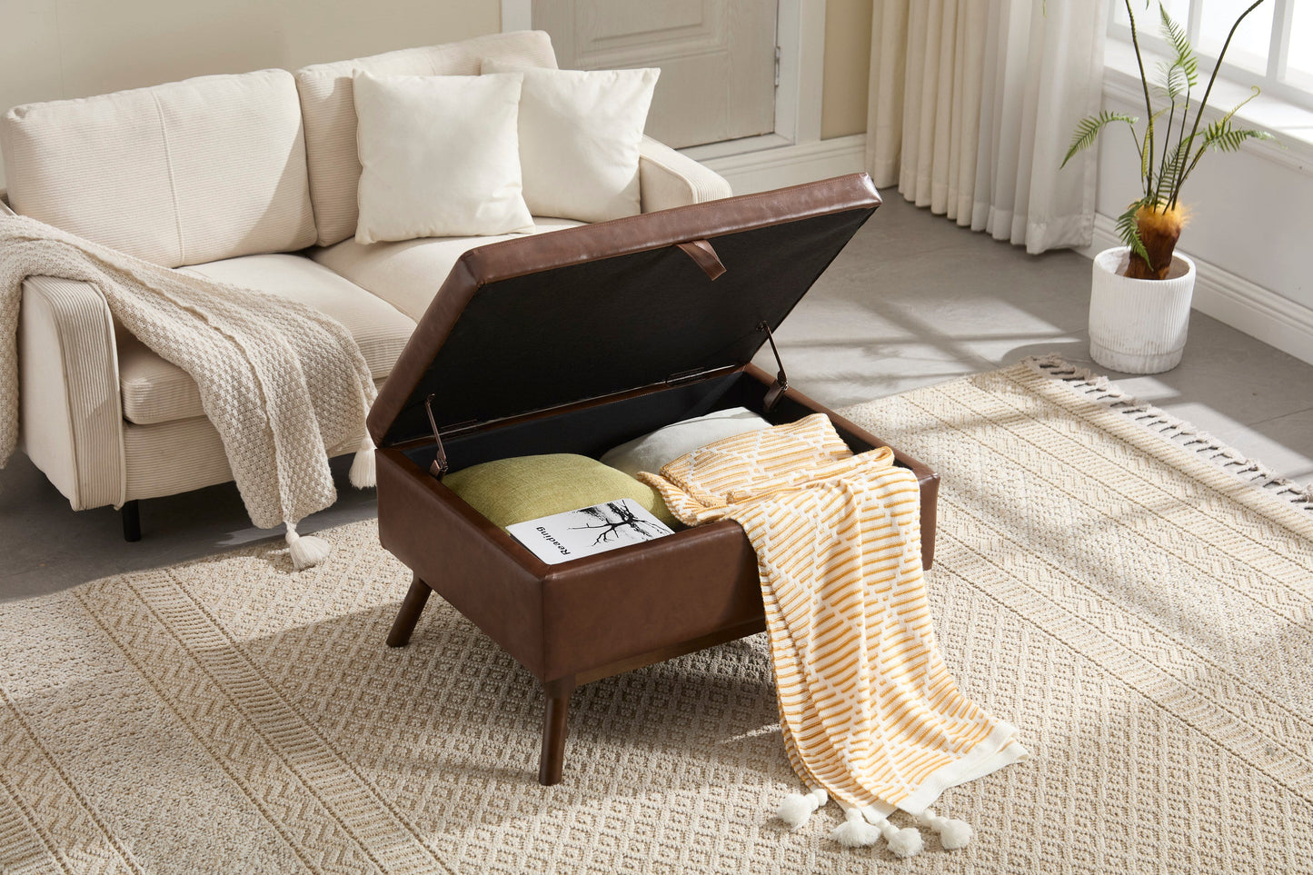 Mid-Century Modern Square Coffee Table Storage Bench, Assembled, Suitable for Living Room, Entryway and Family Room, Use