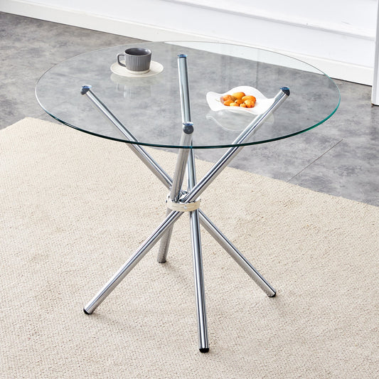 Modern Round Clear Glass Dining Table With Unique Silver Metal Legs for 4-6 People