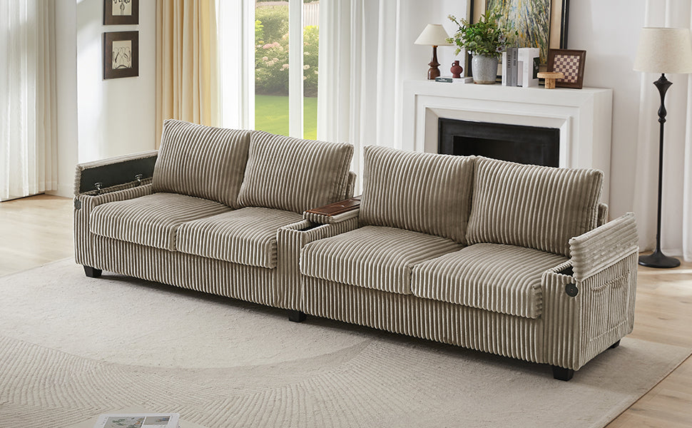 Modern 4-Seater Corduroy Sofa Couch With USB Ports, Hidden Storage Arms, and Flip-Top Cup Holders, Brown, 133 Inches