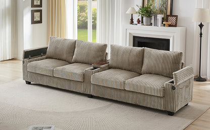 Modern 4-Seater Corduroy Sofa Couch With USB Ports, Hidden Storage Arms, and Flip-Top Cup Holders, Brown, 133 Inches