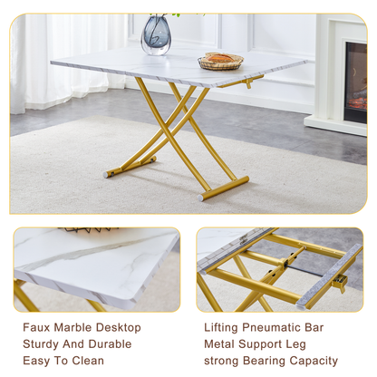 Table and Chair Set. Modern Multifunctional Lifting Platform, White Textured Sticker MDF Desktop, Gold Metal Legs. Paire