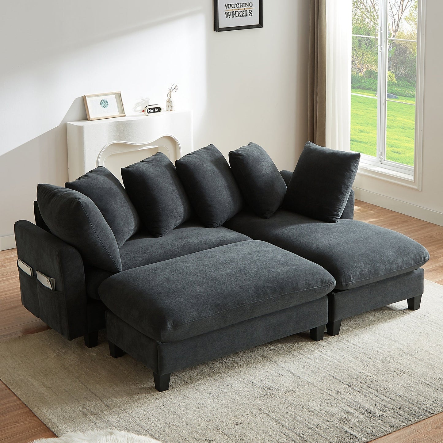 Black Upholstered 83' L-Shaped Sectional Sofa With Storage, Movable Ottoman, and Six Throw Pillows