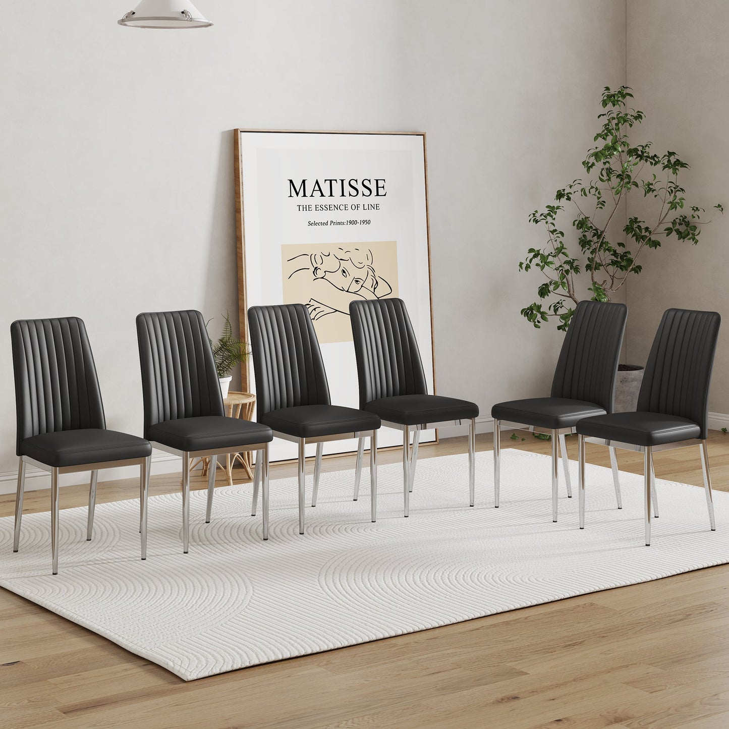 A Set of 6 Dining Chairs, Black Dining Chair Set, PU Material High Backrest Seats and Sturdy Leg Chairs, Suitable for Re