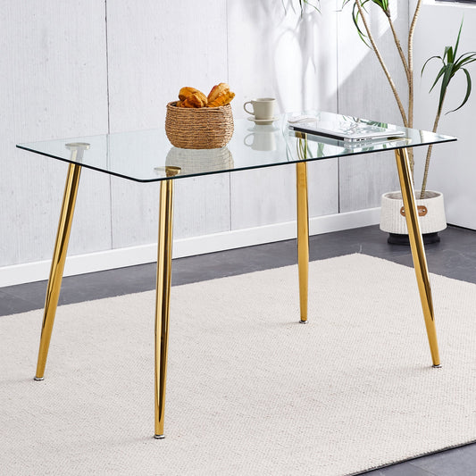 Modern Minimalist Rectangular Glass  Dining Table for 4-6 With 0.31' Tempered Glass Tabletop and Golden Plating Metal Le