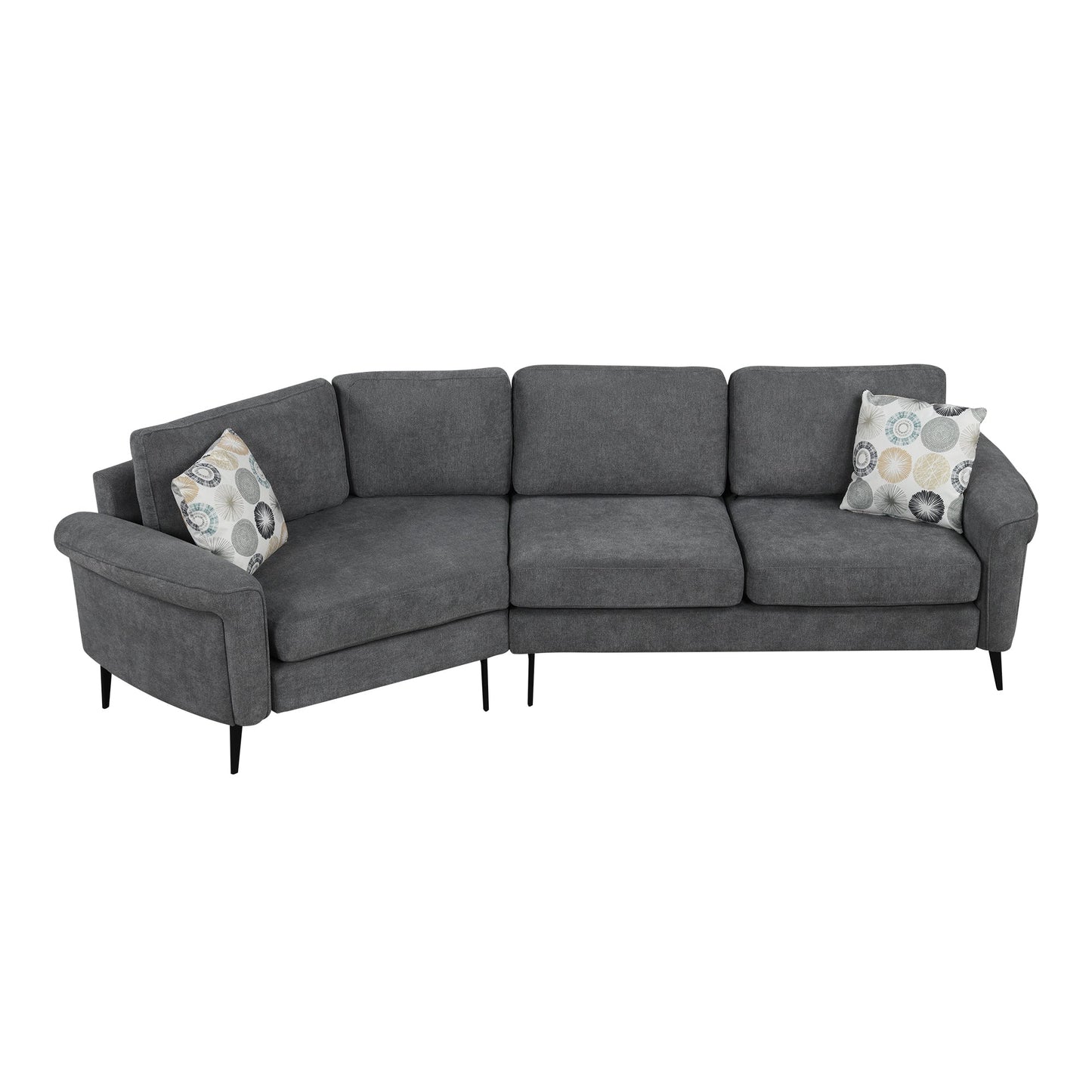 111' Upholstered 3-Seater Sofa Curved Sofa Couch With Two Printed Pillows for Living Room, Dark Gray