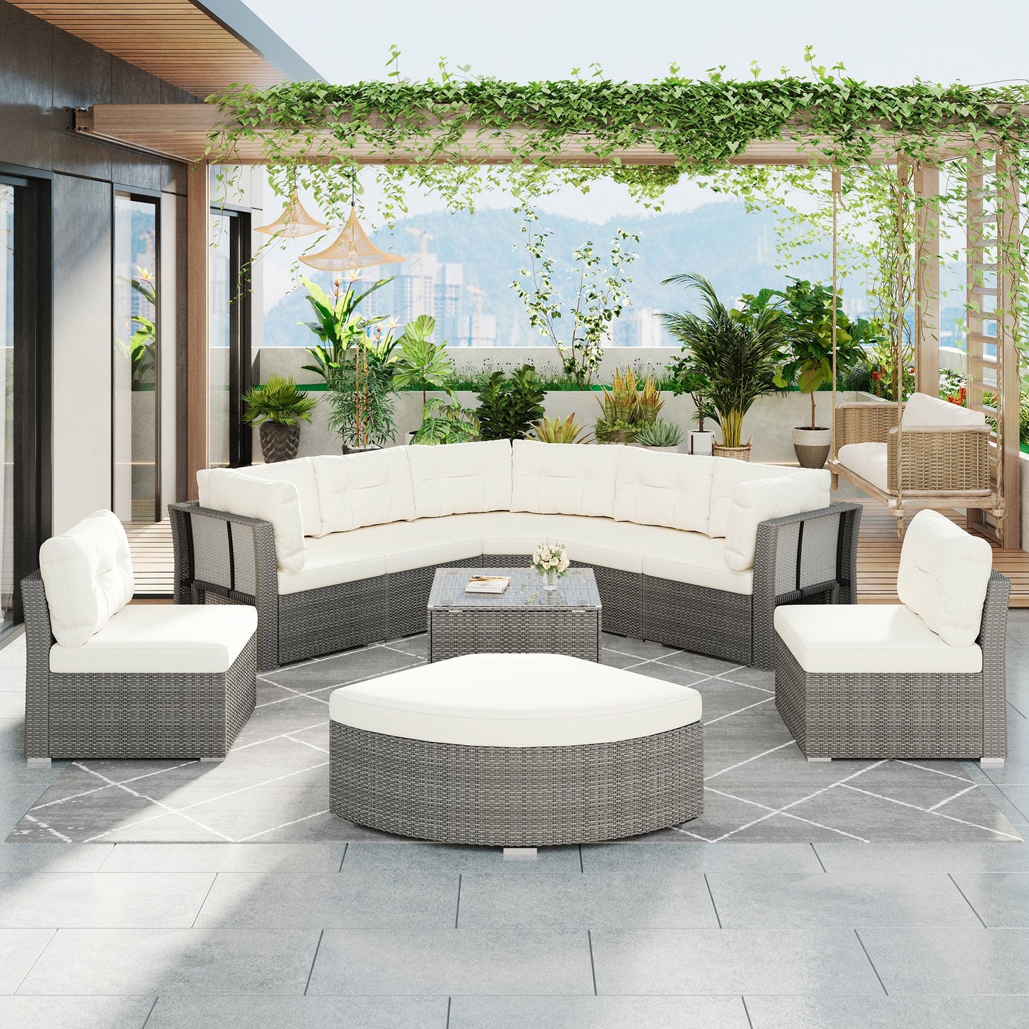Patio Furniture Set Outdoor Daybed Rattan Sectional With Cushions and Center Table, Beige, Iron & Rattan, Multiple Sizes