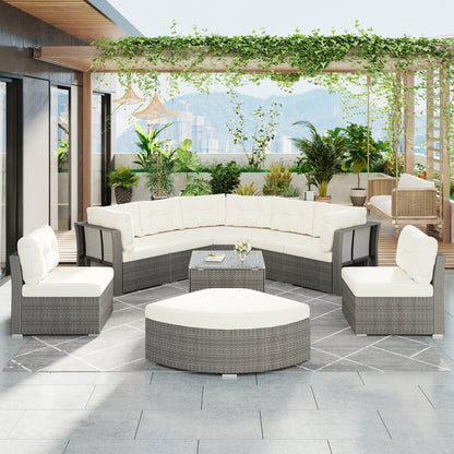 Patio Furniture Set Outdoor Daybed Rattan Sectional With Cushions and Center Table, Beige, Iron & Rattan, Multiple Sizes