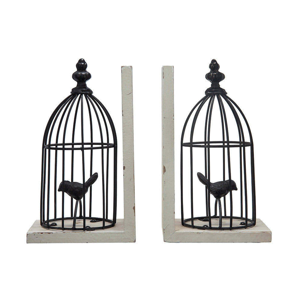 S/2 5.5x4.5x10'  Distressed Black Bird Cage Bookend, Antique White