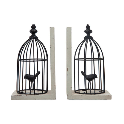 S/2 5.5x4.5x10'  Distressed Black Bird Cage Bookend, Antique White