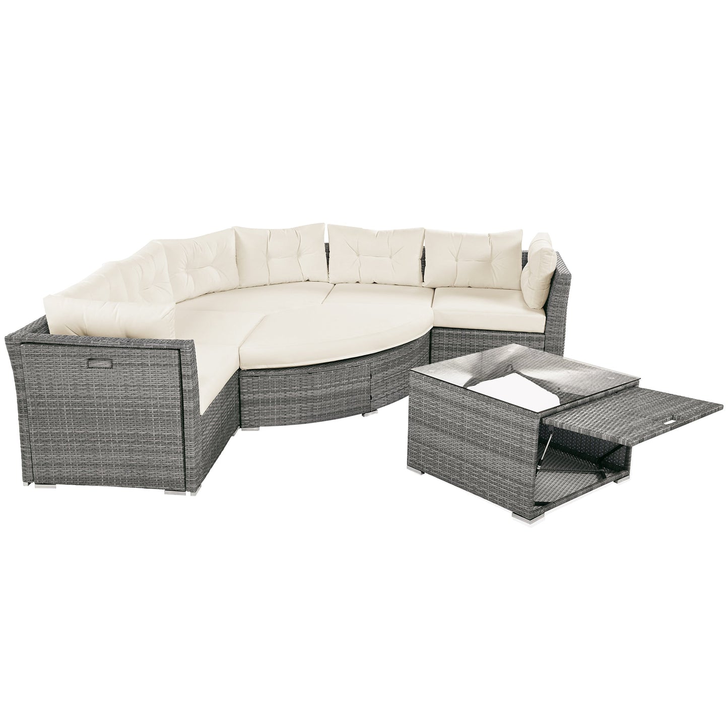 Patio Furniture Set Outdoor Daybed Rattan Sectional With Cushions and Center Table, Beige, Iron & Rattan, Multiple Sizes