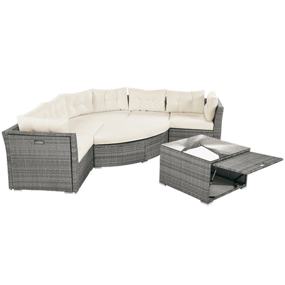 Patio Furniture Set Outdoor Daybed Rattan Sectional With Cushions and Center Table, Beige, Iron & Rattan, Multiple Sizes