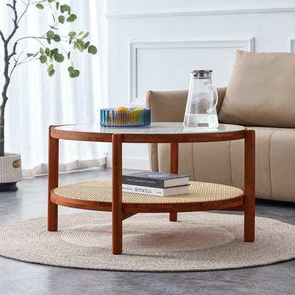 Modern Minimalist Circular Double-Layer Solid Wood Coffee Table With Glass Top, PE Rattan Layer, Walnut Finish