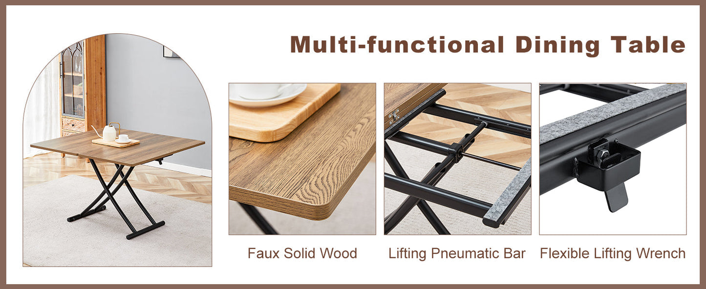 Table and Chair set.Modern Multifunctional Lifting Platform,Natural Wood Grain Sticker MDF Desktop, Black Metal Legs.Pai