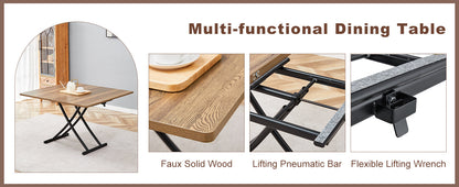 Table and Chair set.Modern Multifunctional Lifting Platform,Natural Wood Grain Sticker MDF Desktop, Black Metal Legs.Pai