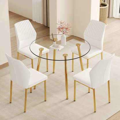 Table and Chair Set.39.7 Inch Diameter Modern Luxury Glass Dining Table and Chair Set - Gold Metal Legs.Paired With 4 WH