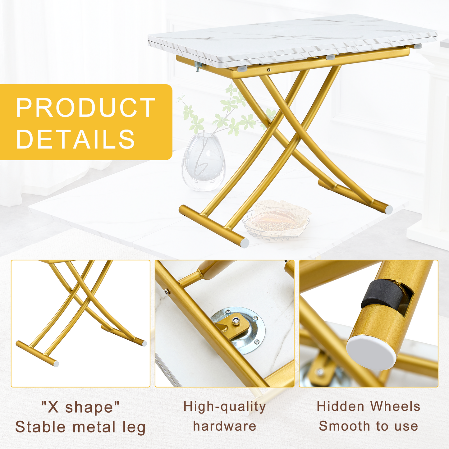 Table and Chair Set. Modern Multifunctional Lifting Platform, White Textured Sticker MDF Desktop, Gold Metal Legs. Paire