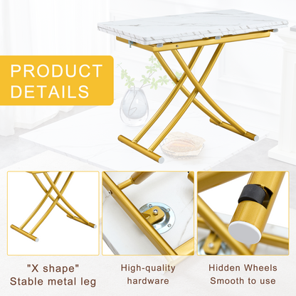 Table and Chair Set. Modern Multifunctional Lifting Platform, White Textured Sticker MDF Desktop, Gold Metal Legs. Paire