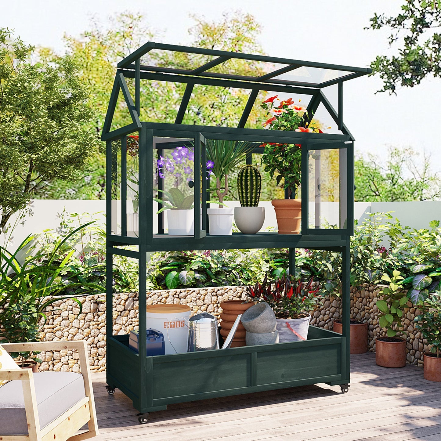 Garden Wood Portable Cold Frame With Movable Wheels Mini Greenhouse With Openable Roof and Storage Box, Forest Green
