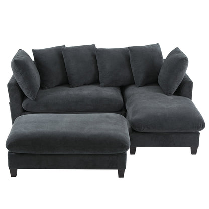 Black Upholstered 83' L-Shaped Sectional Sofa With Storage, Movable Ottoman, and Six Throw Pillows