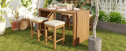 5 Piece Outdoor Bar Set, Patio Acacia Wood Bar Height Table & Four Stools With Cushions, Wood Dining Bar Set for Backyar