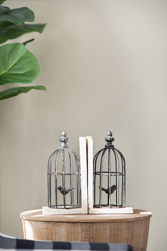 S/2 5.5x4.5x10'  Distressed Black Bird Cage Bookend, Antique White