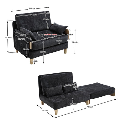 Mid-Century Modern Foldable Sofa Bed Recliner, 3-In-1 Convertible Sleeper With Three Pillows, Black Chenille for Small S