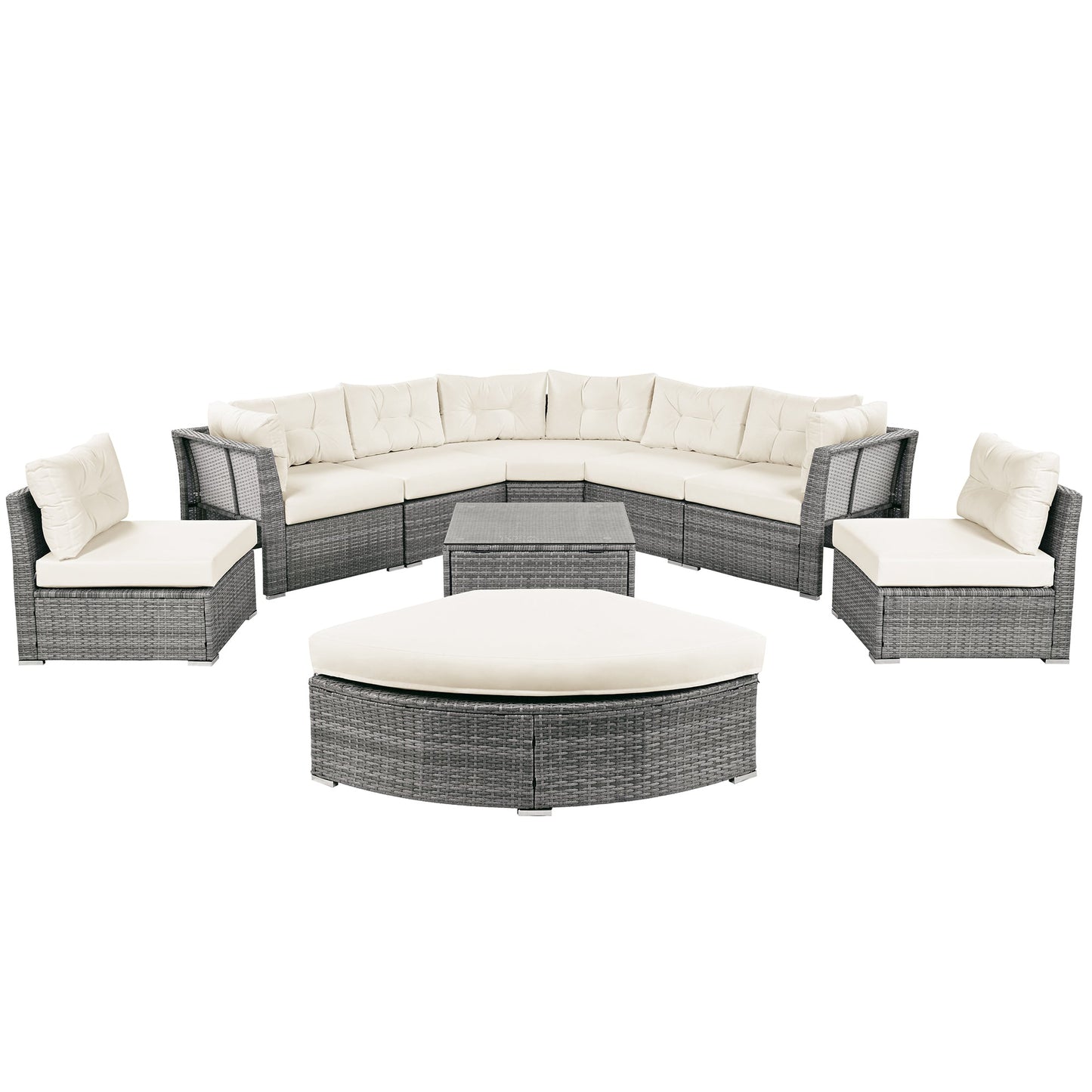 Patio Furniture Set Outdoor Daybed Rattan Sectional With Cushions and Center Table, Beige, Iron & Rattan, Multiple Sizes