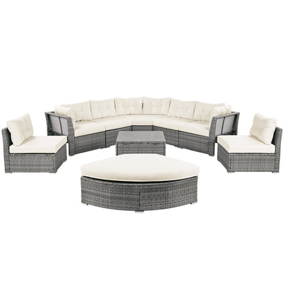 Patio Furniture Set Outdoor Daybed Rattan Sectional With Cushions and Center Table, Beige, Iron & Rattan, Multiple Sizes