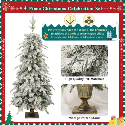 Pre-Lit Christmas Artificial Tree 4-Piece Set, Garland, Wreath and Set of 2 Entrance Trees, X-Mas With LED Lights, PVC F