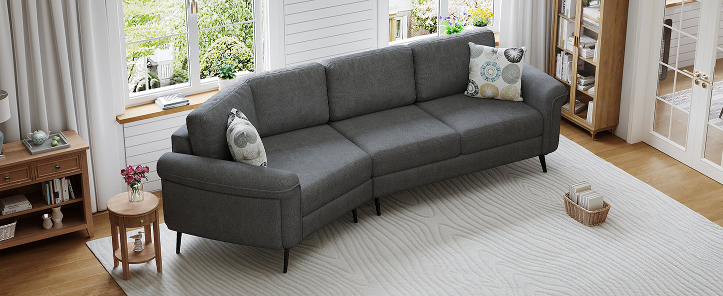 111' Upholstered 3-Seater Sofa Curved Sofa Couch With Two Printed Pillows for Living Room, Dark Gray