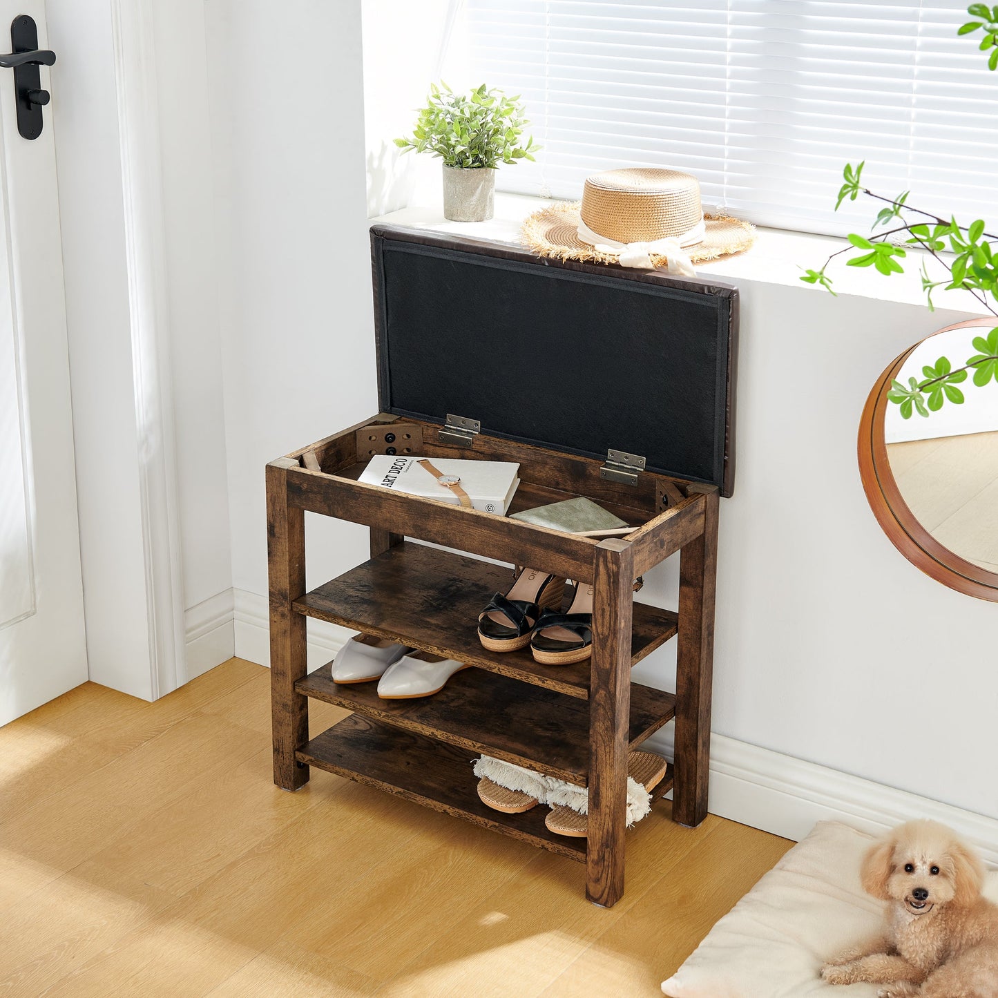 A Height-Adjustable Shoe-Changing Bench Made of High-Quality Wood, Equipped With a Comfortable Seat and Concealed Storag