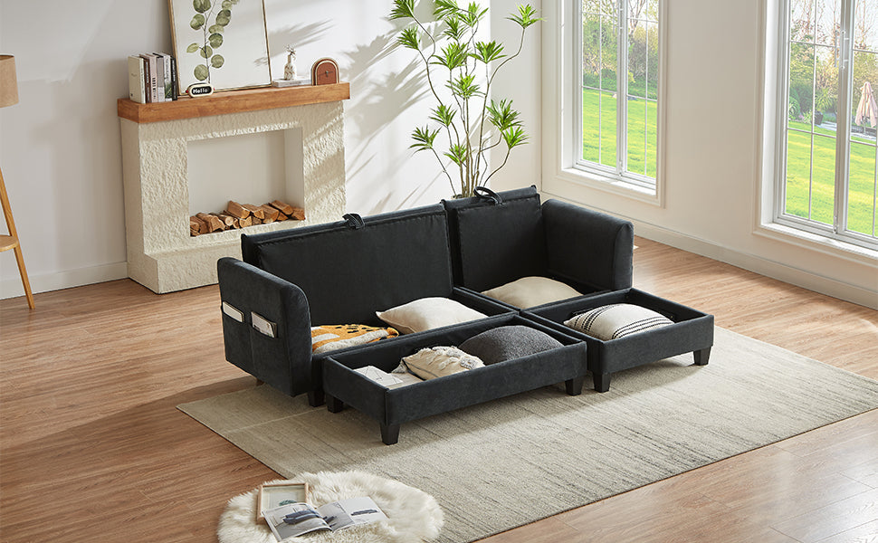 Black Upholstered 83' L-Shaped Sectional Sofa With Storage, Movable Ottoman, and Six Throw Pillows