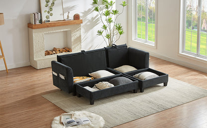 Black Upholstered 83' L-Shaped Sectional Sofa With Storage, Movable Ottoman, and Six Throw Pillows