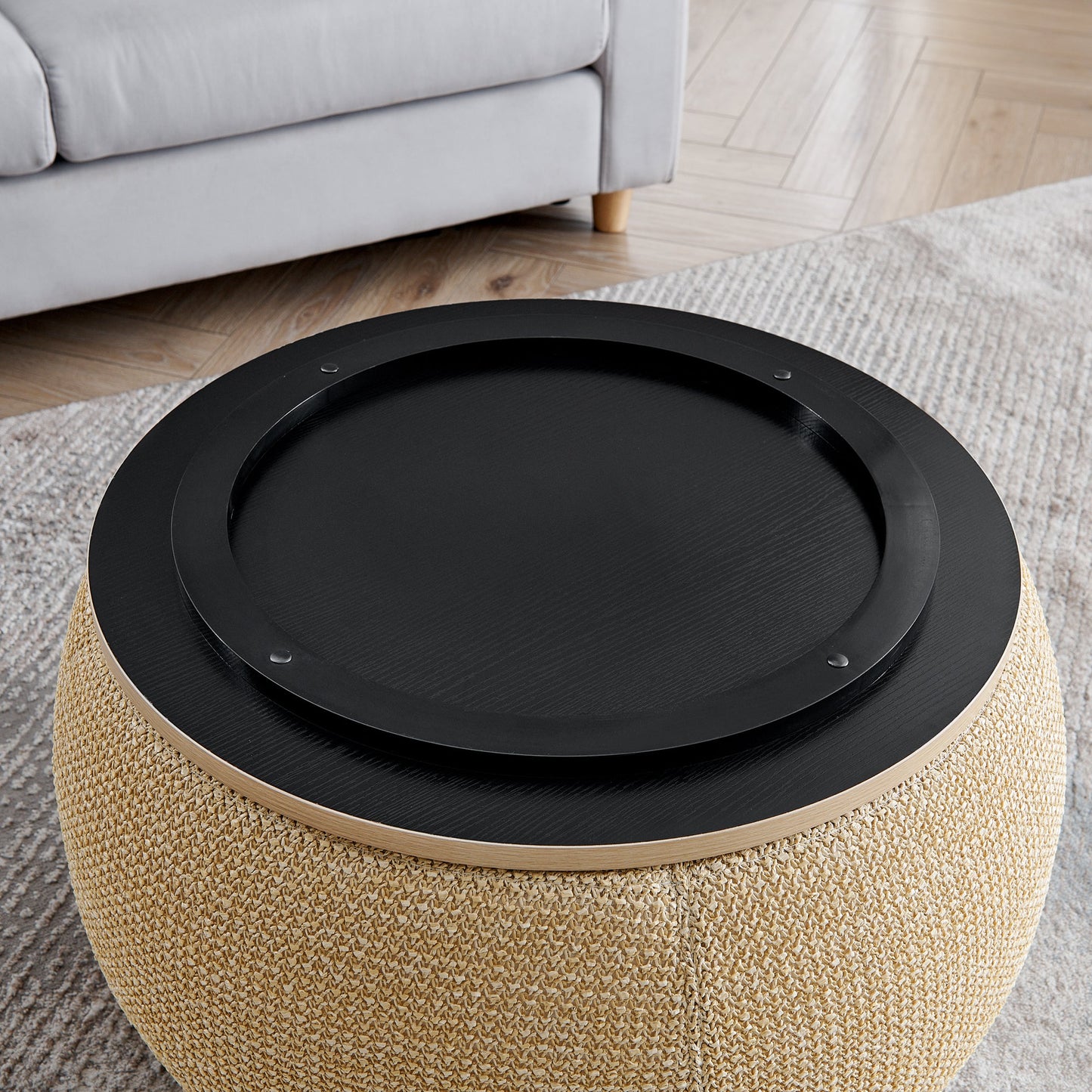 Round Storage Ottoman, Woven Rattan Fabric Ottoman, 2 in 1 Function, Work as End Table and Ottoman,with Small Seat-Natur
