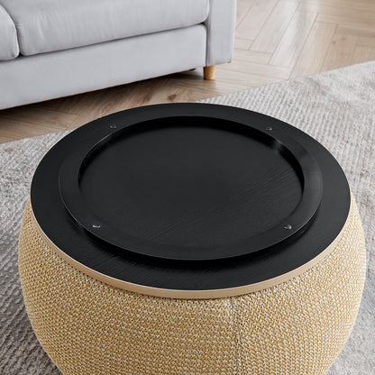 Round Storage Ottoman, Woven Rattan Fabric Ottoman, 2 in 1 Function, Work as End Table and Ottoman,with Small Seat-Natur