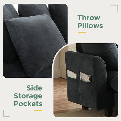 Black Upholstered 83' L-Shaped Sectional Sofa With Storage, Movable Ottoman, and Six Throw Pillows