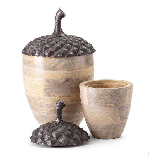 Set of 2 Brown Wooden Acorn Accents With Aluminum Top, L:D6x10'  S:D5x7.5'