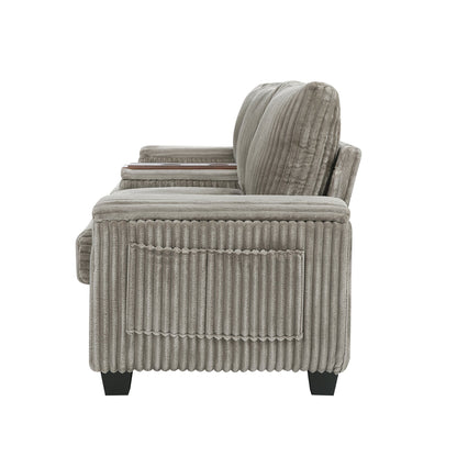 Modern 4-Seater Corduroy Sofa Couch With USB Ports, Hidden Storage Arms, and Flip-Top Cup Holders, Brown, 133 Inches