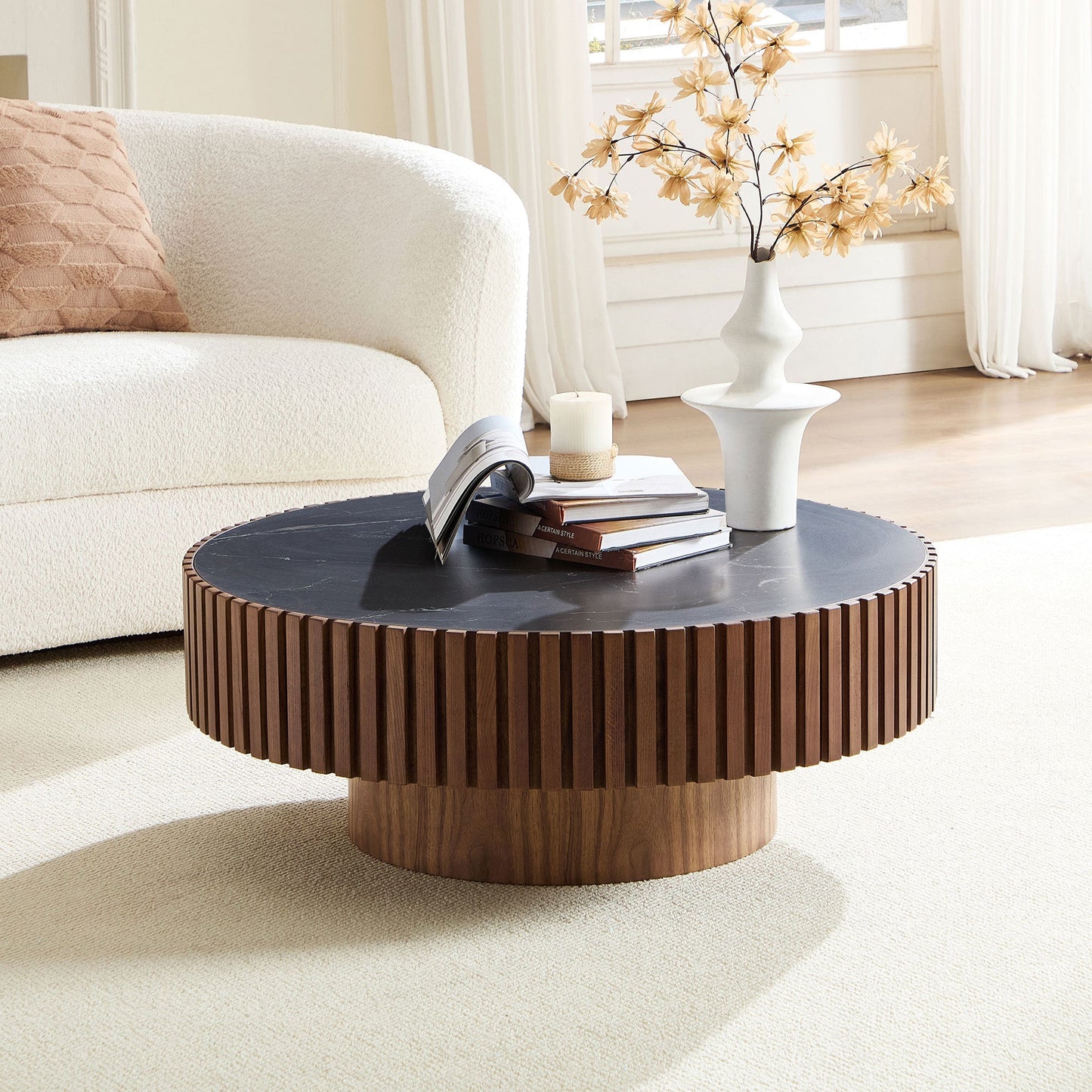 35.43'' Nesting Round Sintered Stone Tabletop Modern Drum Coffee Table Luxury Circle Coffee Table for Apartment Walnut