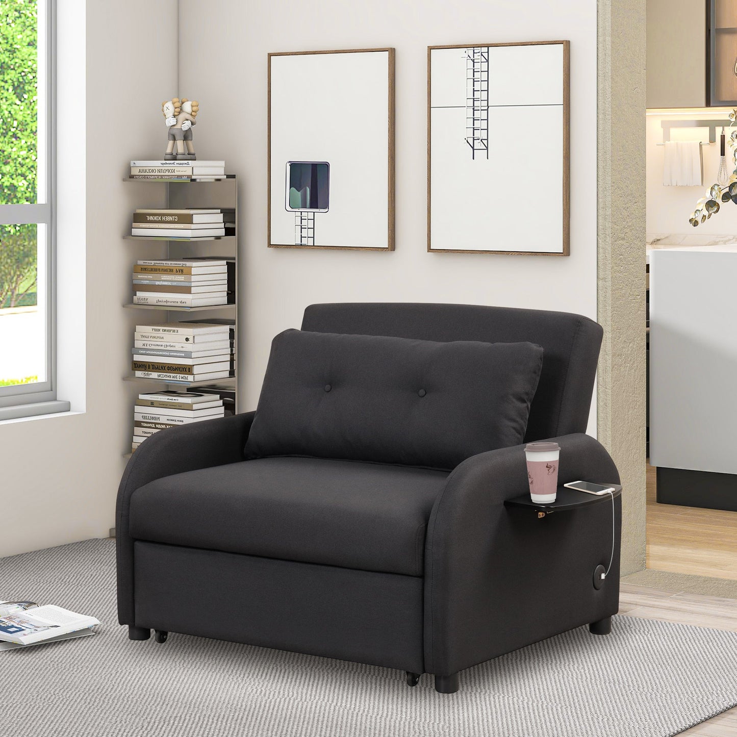 3-In-1 Pull Out Sofa Sleeper With Wing Table and USB Charge, Black Linen Upholstery, Iron Frame