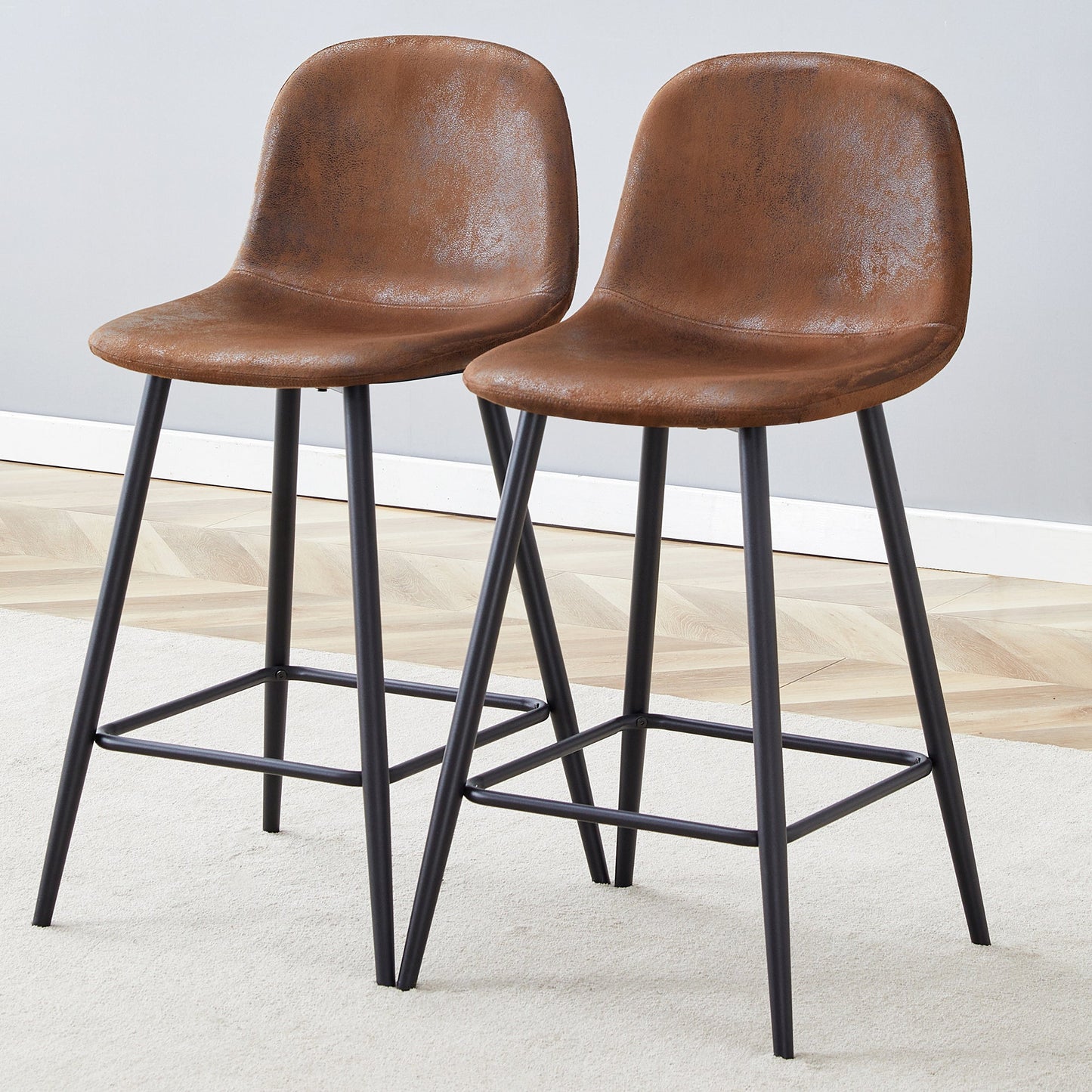 Brown Techno-Fabric Bar Chair Set - Two Pieces, Rounded Backrest, Black Metal Legs, Multiple Colors