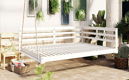 Acacia Wood Porch Swing Bed for Outdoor With Hemp Ropes - Full Size Patio Hanging Bed, 350lbs Capacity, Open-Side Minima