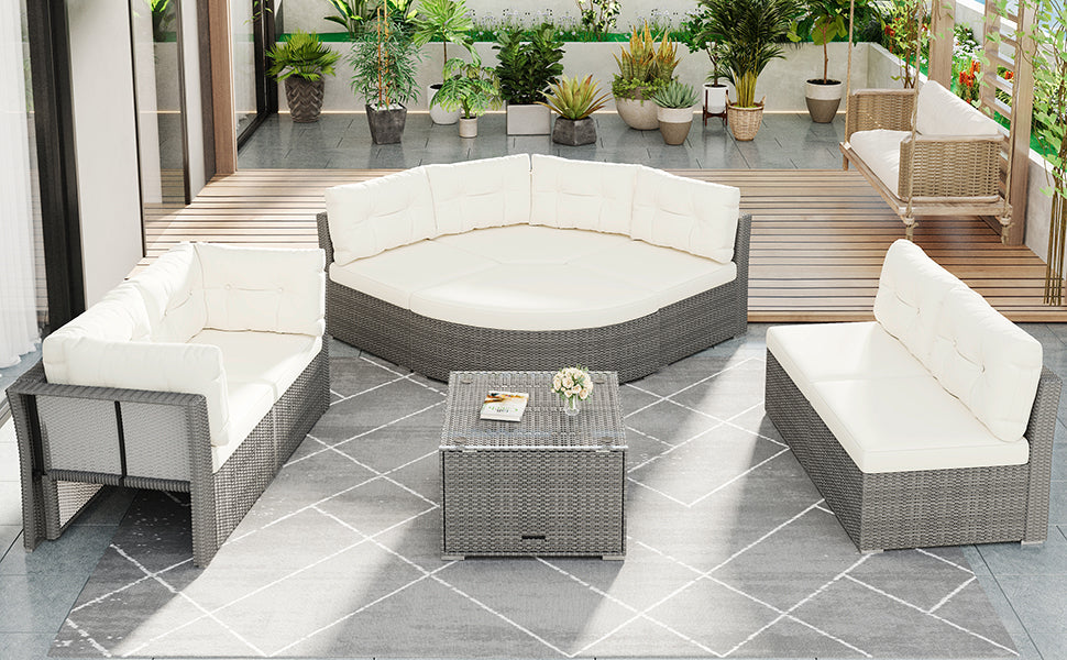 Patio Furniture Set Outdoor Daybed Rattan Sectional With Cushions and Center Table, Beige, Iron & Rattan, Multiple Sizes
