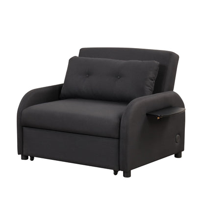 3-In-1 Pull Out Sofa Sleeper With Wing Table and USB Charge, Black Linen Upholstery, Iron Frame