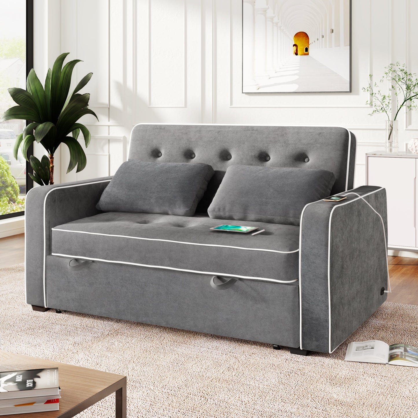 61.4' Upholstered Sleeper Bed, Pull Out Sofa Bed Couch Attached Two Throw Pillows, Dual USB Charging Port and Adjustable