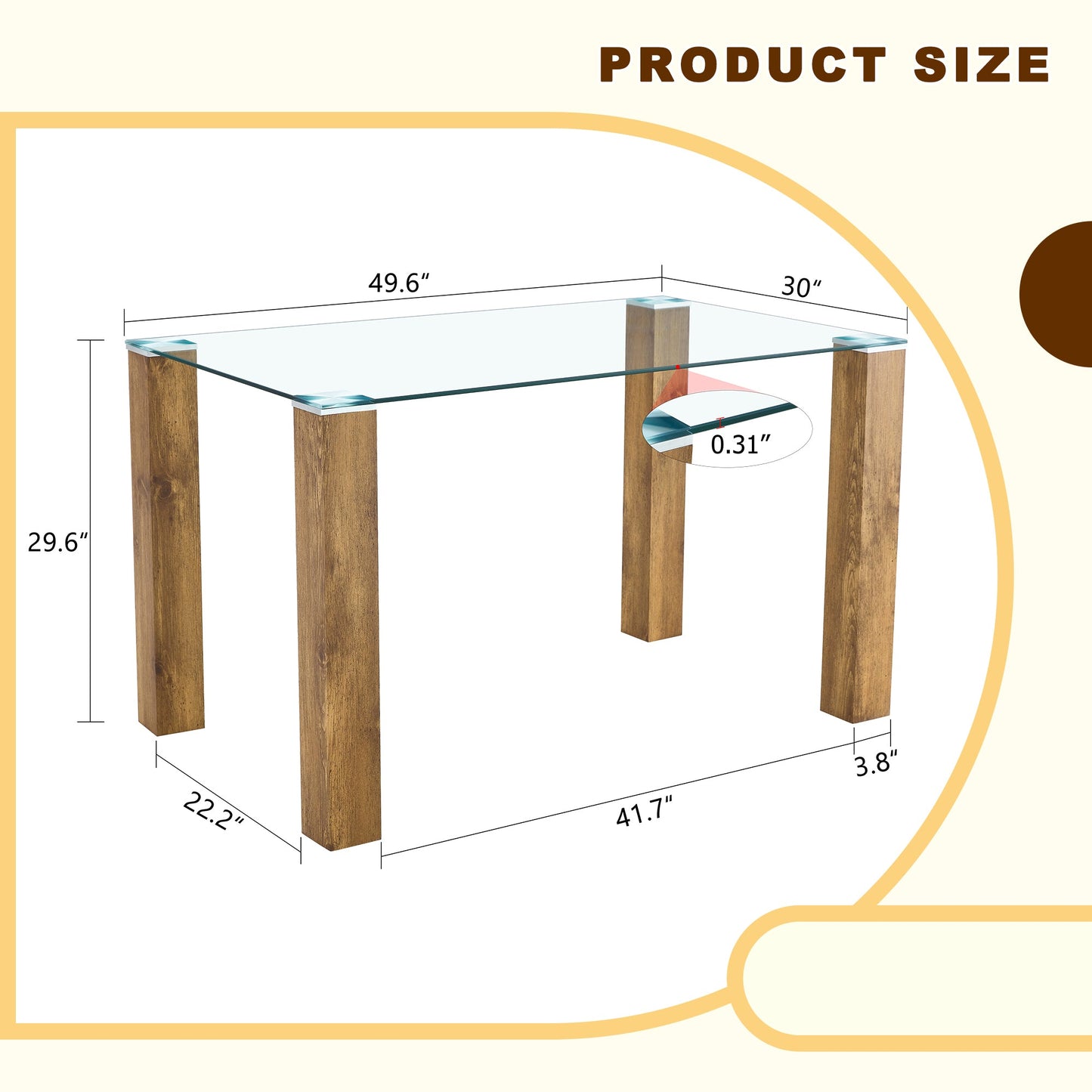 A 49.6 * 30 Inch Transparent Tempered Glass Dining Table With Rectangular Wood Color MDF Wood Grain Legs, Combining Simp