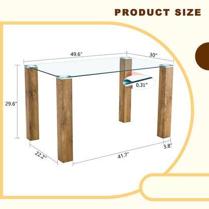 A 49.6 * 30 Inch Transparent Tempered Glass Dining Table With Rectangular Wood Color MDF Wood Grain Legs, Combining Simp